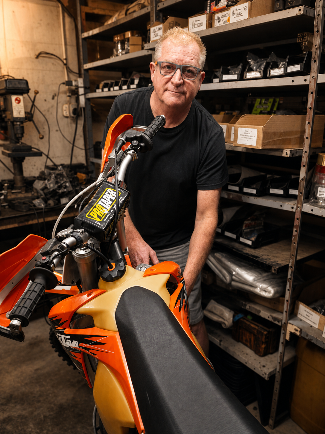 Allan Baker with an off-road motorcycle inside The Bike Zone workshop.