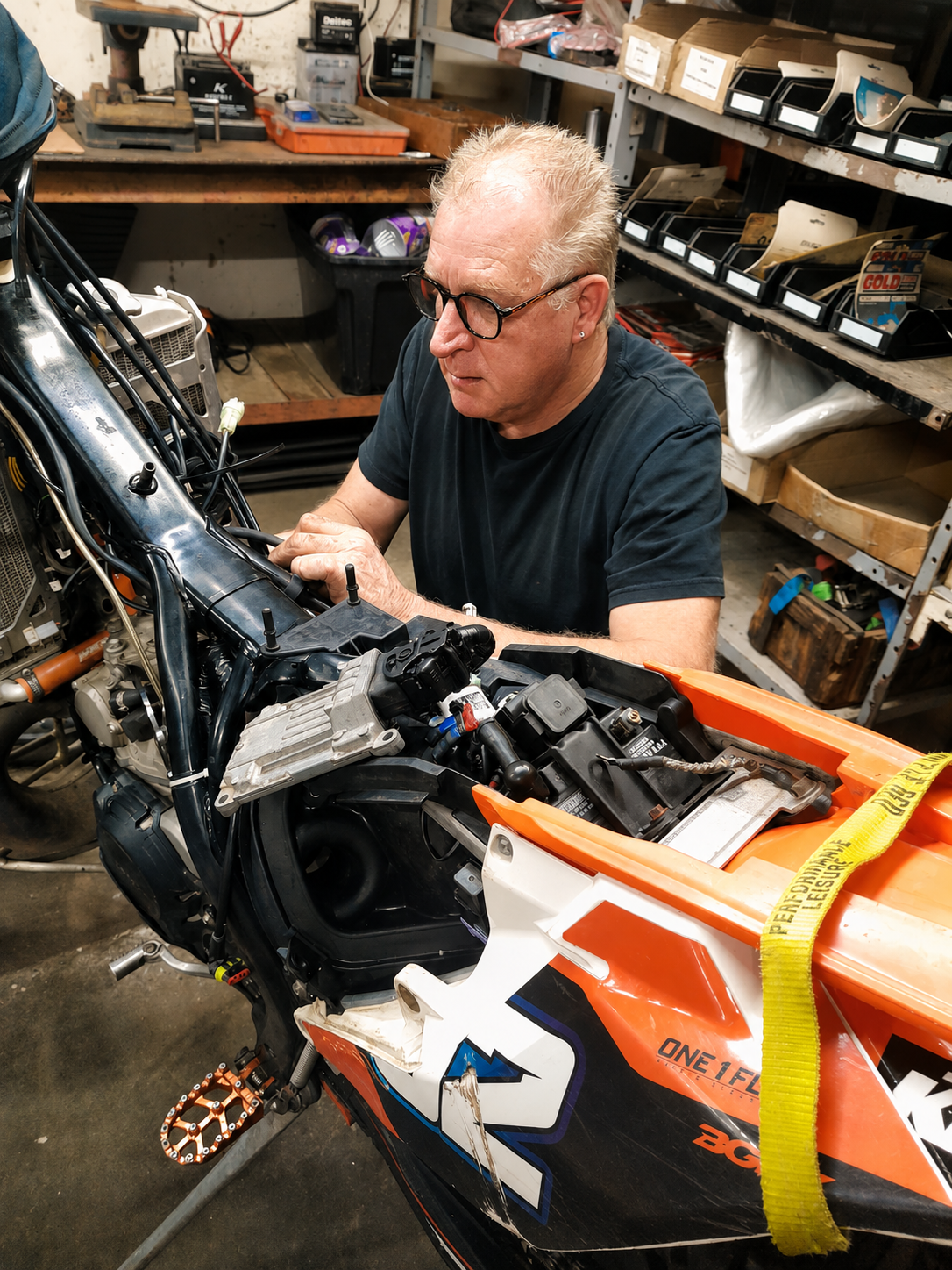 Allan Baker working on an off-road motorcycle inside The Bike Zone workshop.